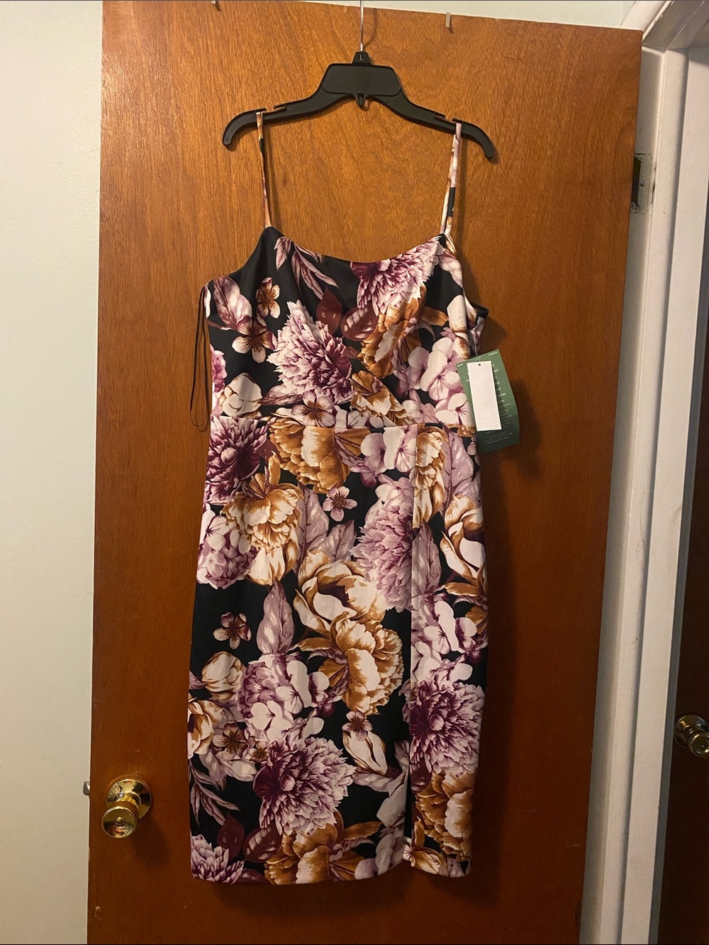 Maia Size 10 Floral Slip Dress in Black with Purple & Gold Blooms